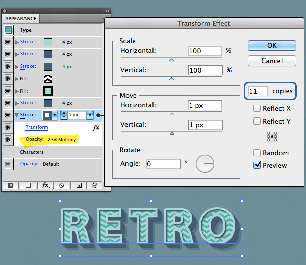 Kā izveidot 3D retro efektu, izmantojot programmu Appearance panelī programmā Adobe Illustrator